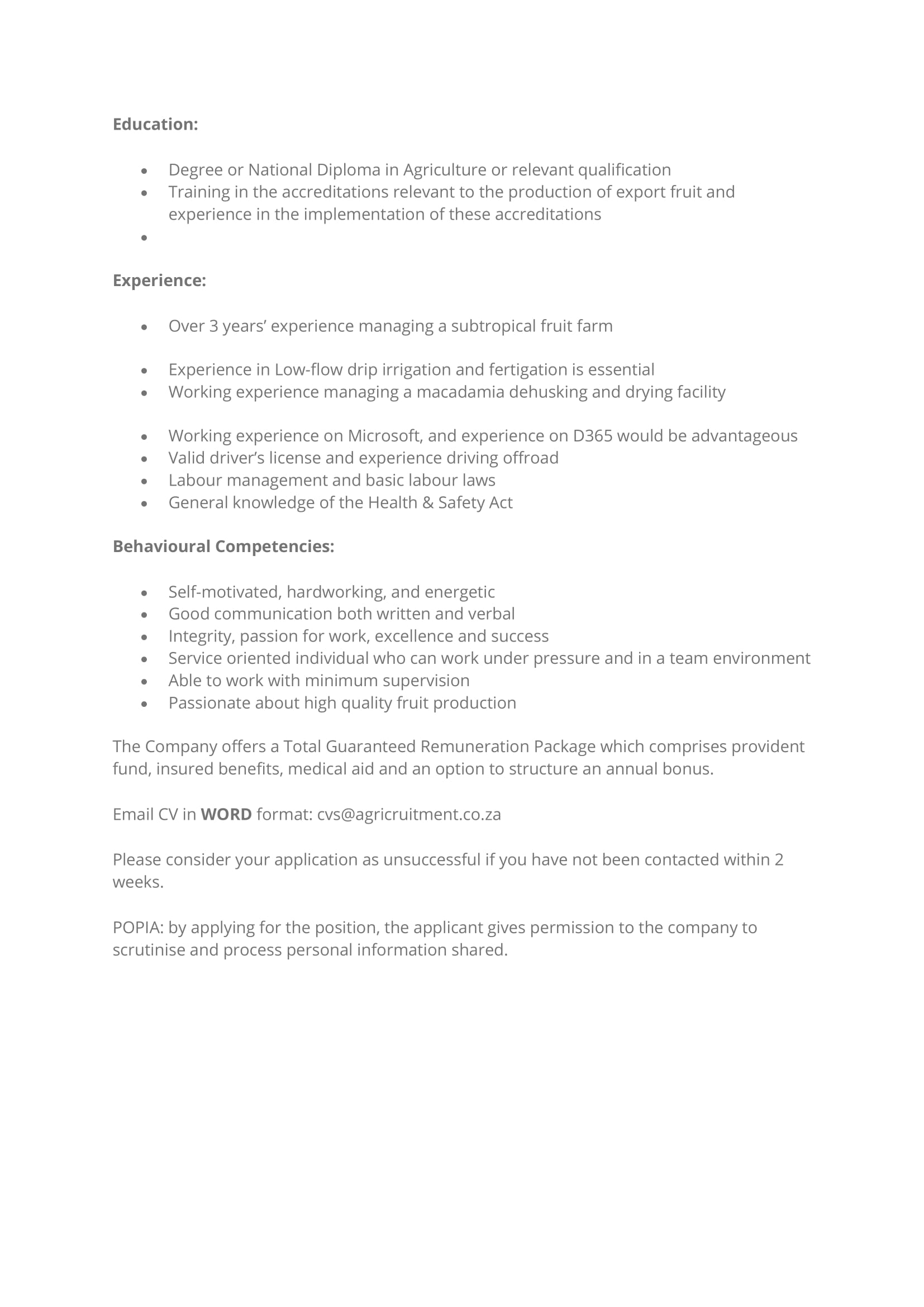 AGRICRUITMENT Section Manager 2