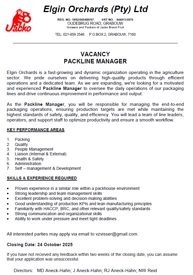 PACKLINE MANAGER ELGIN ORCHARDS