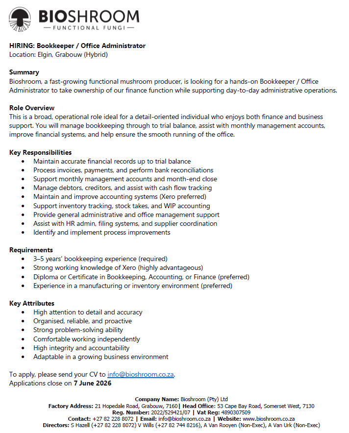 BOOKKEEPER OFFICE ADMINISTRATOR BIOSHROOM