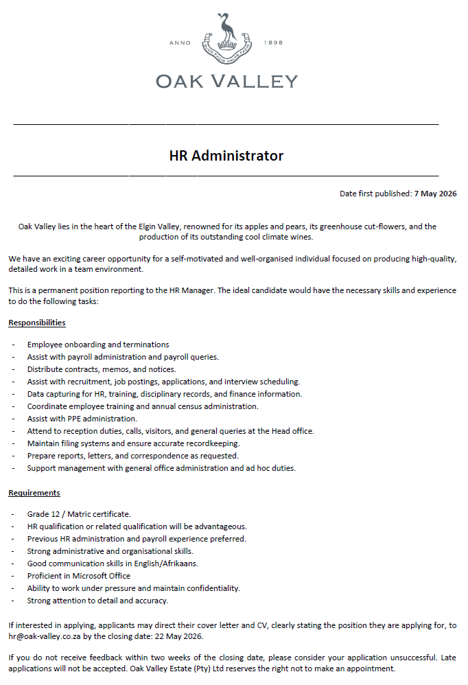 HR ADMINISTRATOR OAK VALLEY