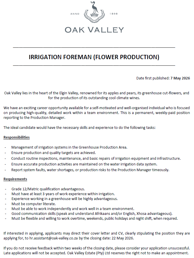 IRRIGATION FOREMAN OAK VALLEY