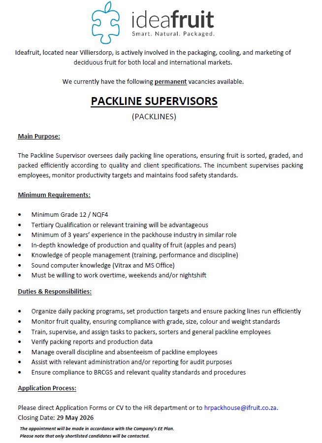 PACKLINE SUPERVISORS IDEA FRUIT