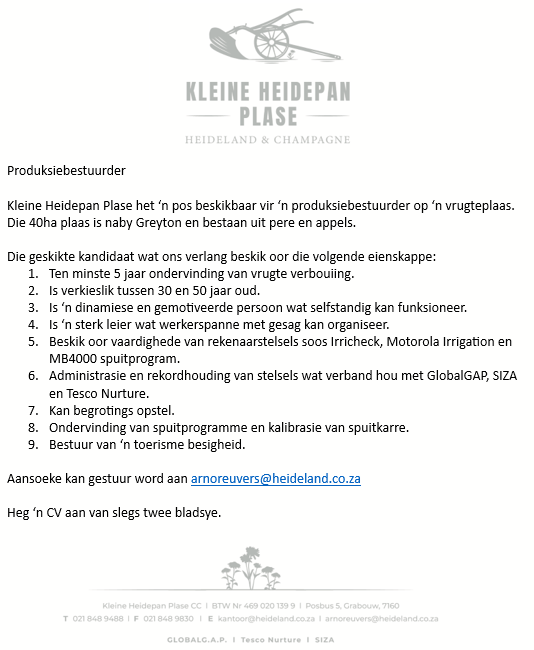 PRODUKSIE BESTUURDER KLEIN HEIDEN PLASE
