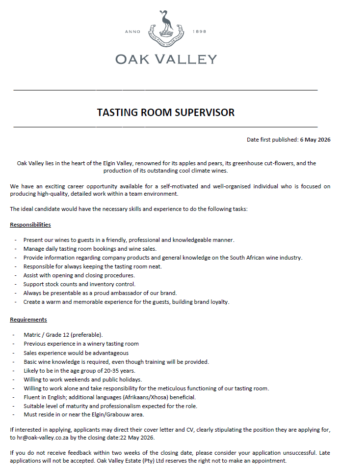 TASTING ROOM SUPERVISOR OAK VALLEY