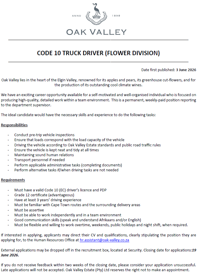CODE 10 TRUCK DRIVER OAK VALLEY