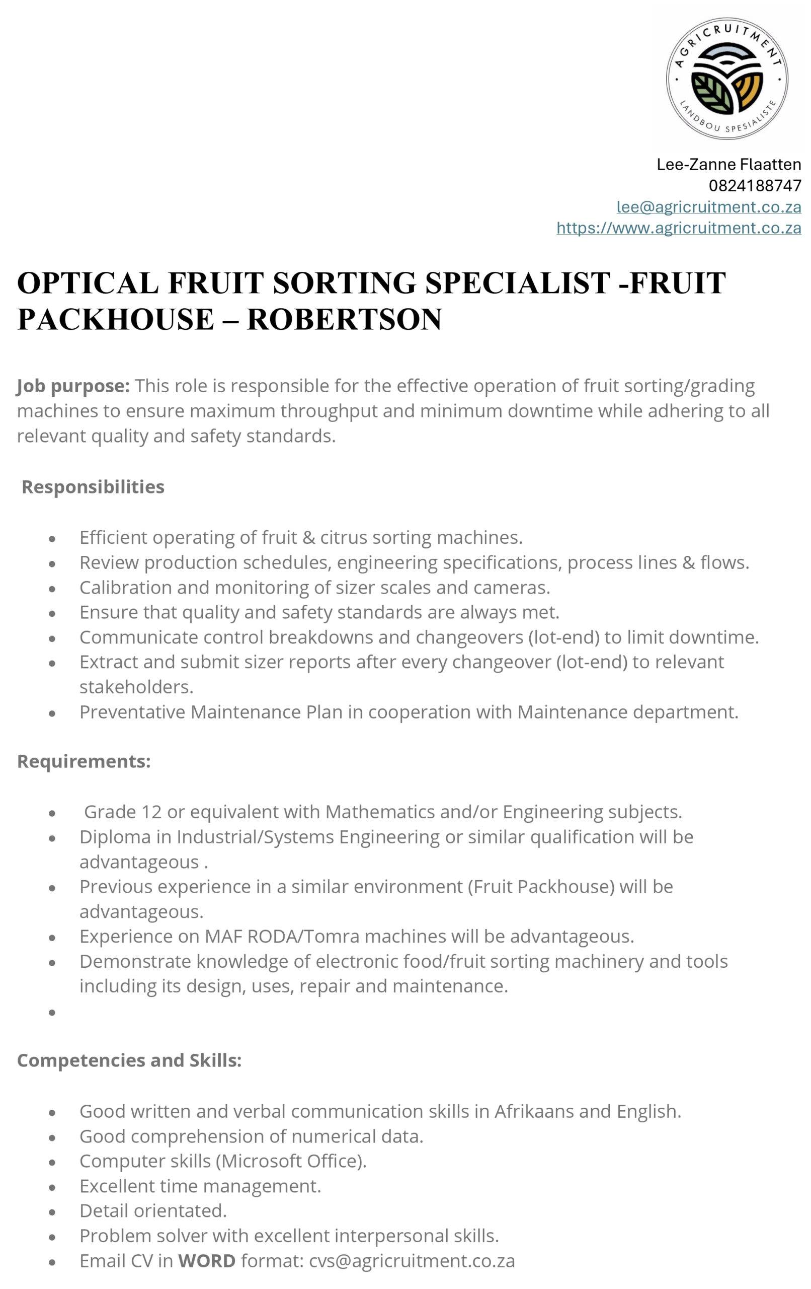 OPTICAL FRUIT SORTING SPECIALIST ROBERTSON