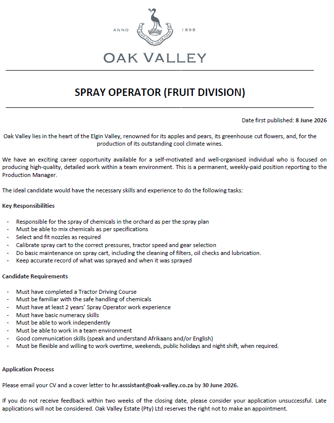 SPRAY OPERATOR OAK VALLEY