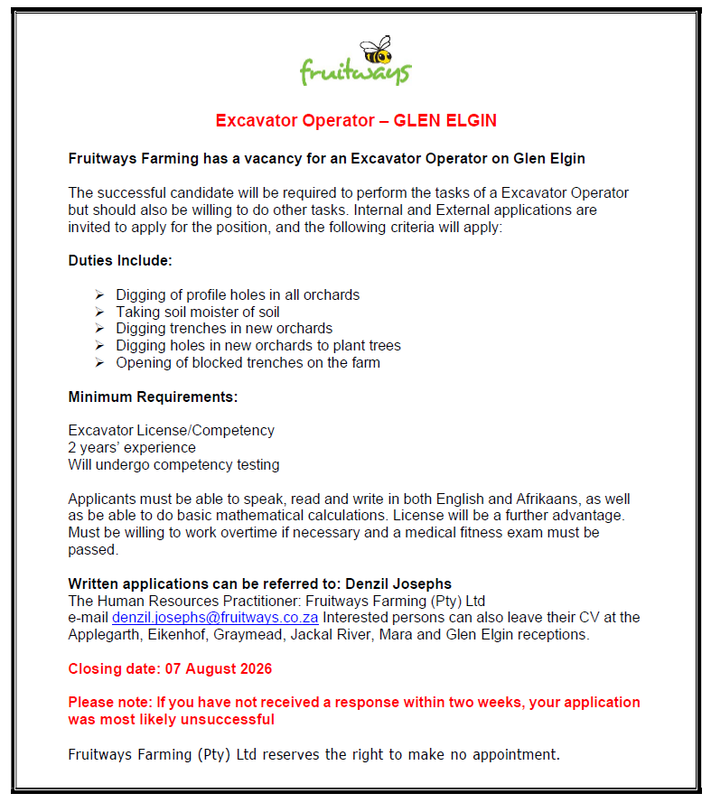 EXCAVATOR OPERATOR 1 FRUITWAYS