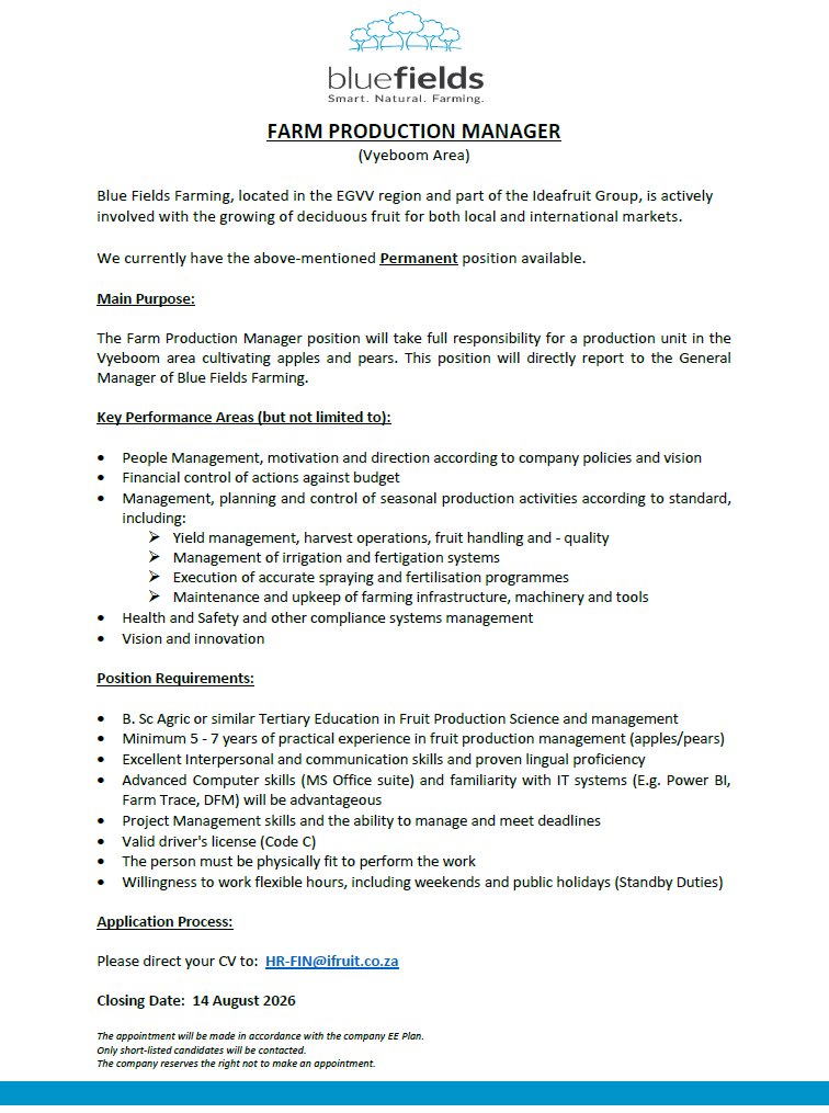 FARM PRODUCTION MANAGER BLUEFIELD