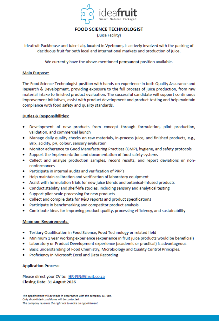FOOD SCIENCE TECHNOLOGIST IDEAFRUIT