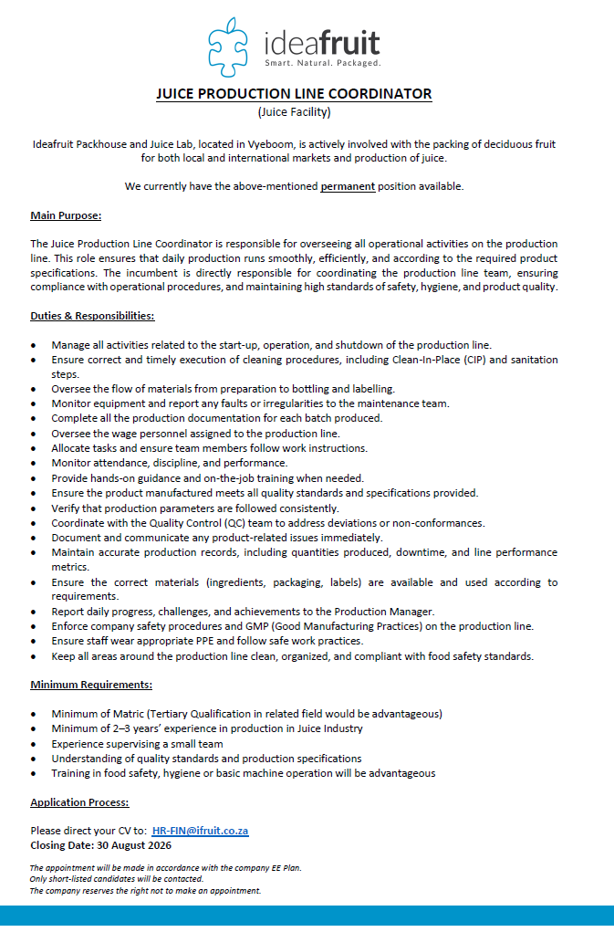 JUICE PRODUCTION LINE COORDINATOR