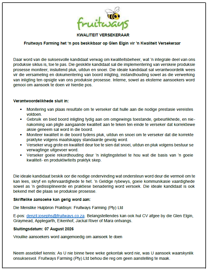 KWALITEIT VERSEKERAAR FRUITWAYS