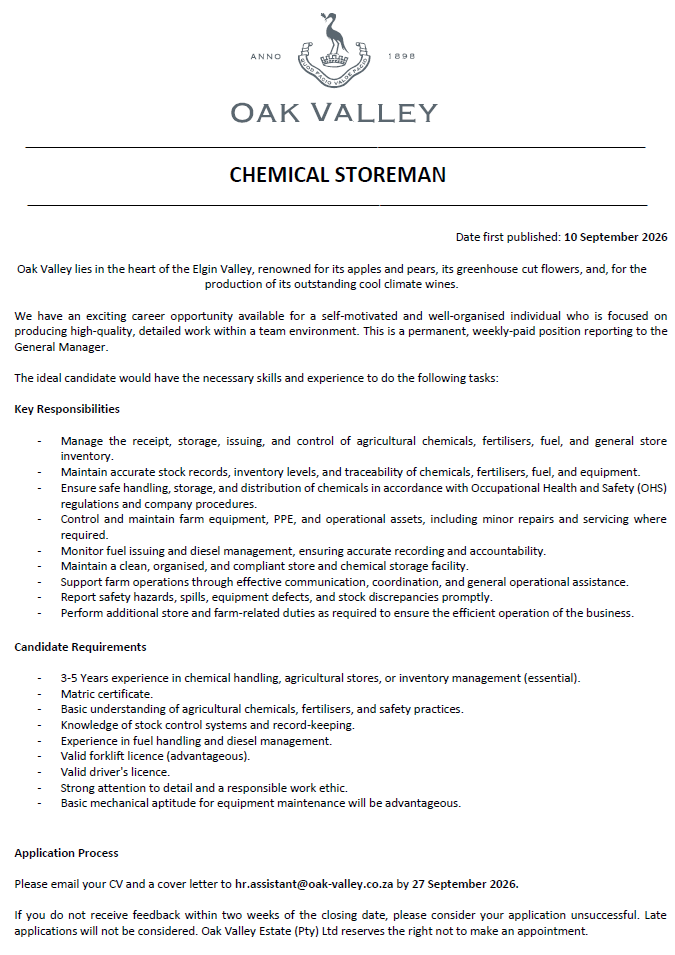 CHEMICAL STOREMAN 2 OAK VALLEY