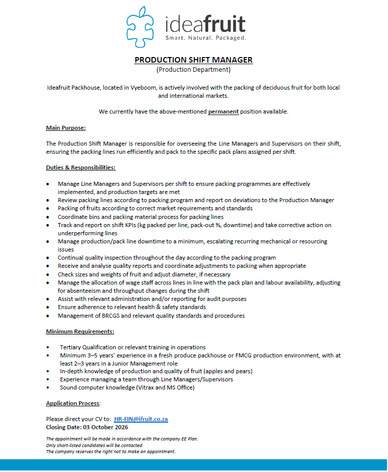 PRODUCTION SHIFT MANAGER IDEAFRUIT