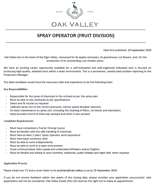 SPRAY OPERATOR OAK VALLEY 2